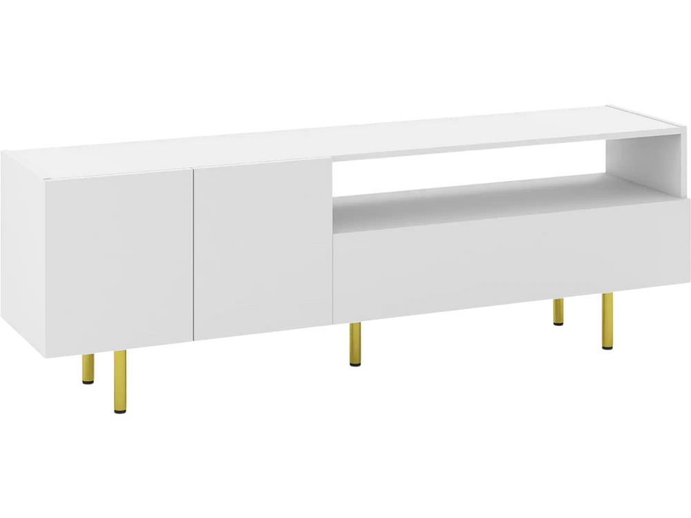 Minimalist white TV stand with raised metal legs, large drawer, and open shelf for versatile storage in any room.