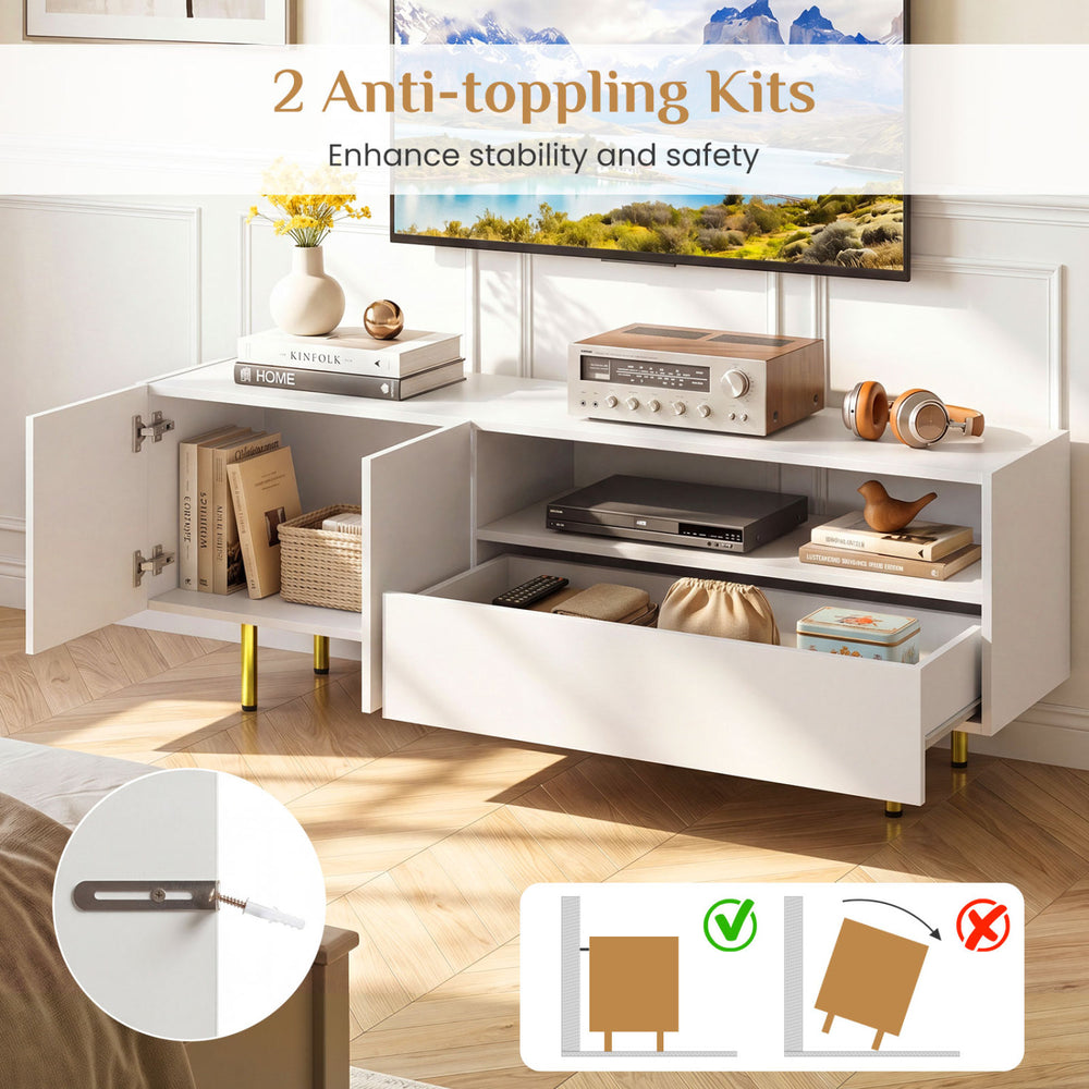 TV stand for TVs up to 70" with storage cabinet, raised metal legs, and anti-toppling kits for enhanced stability.
