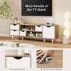 TV stand in oak finish with 4 drawers and 2 open shelves, featuring cut-out handles and easy-to-clean surface.