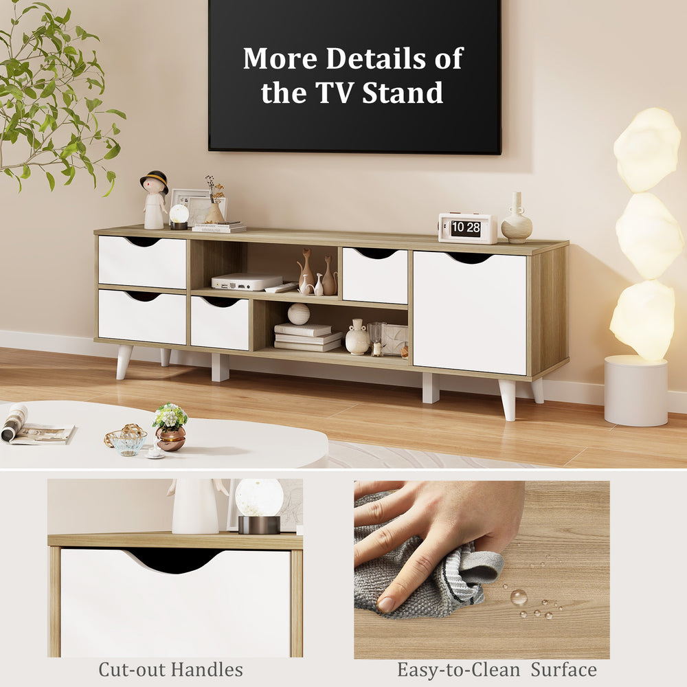 TV stand in oak finish with 4 drawers and 2 open shelves, featuring cut-out handles and easy-to-clean surface.