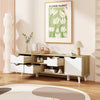 TV stand in oak finish with 4 drawers and 2 open shelves, designed for TVs up to 55”, ideal for modern living rooms.