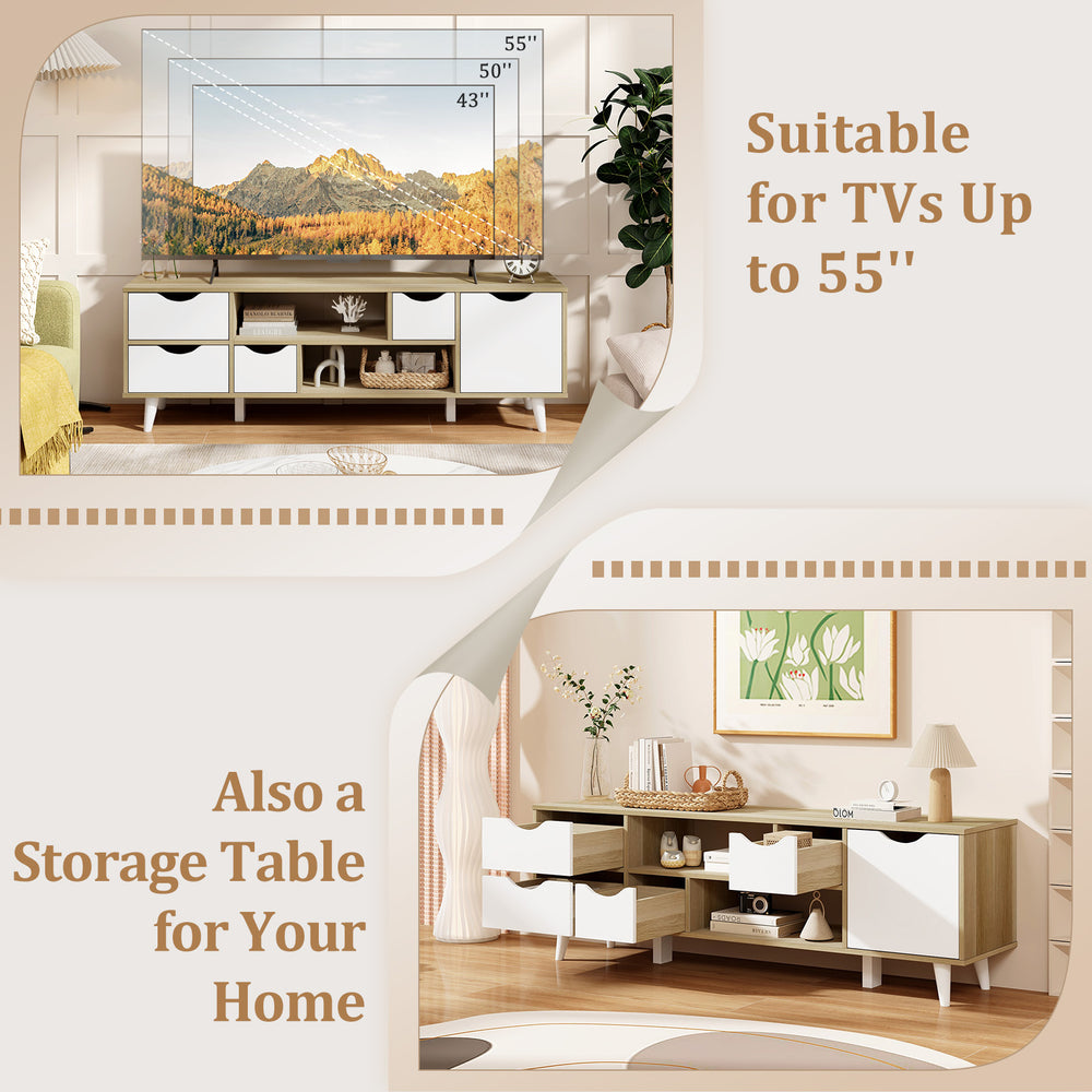 TV stand for TVs up to 55” with 4 drawers and 2 open shelves, featuring an oak finish for stylish media storage.