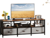 TV stand in rustic brown with 3-tier storage, built-in power outlets, and USB charging for TVs up to 65 inches.