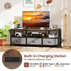 TV stand in rustic brown with built-in charging station, 3 fabric drawers, and space for TVs up to 70 inches.