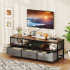 TV stand in rustic brown with 3 fabric drawers, power outlets, and USB charging for organized entertainment spaces.