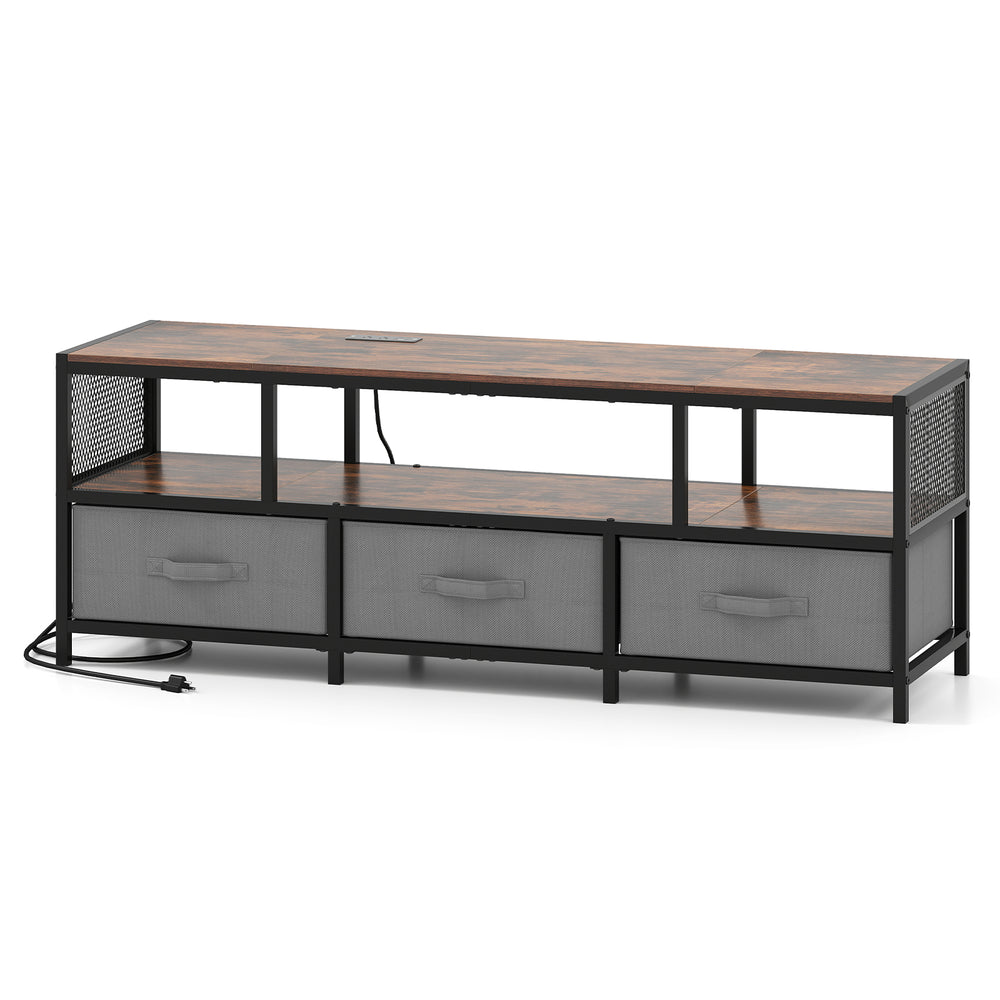 TV stand with rustic brown finish, featuring 3 removable fabric drawers and built-in power outlets for TVs up to 70.