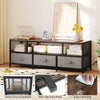 TV stand with rustic brown finish, featuring 3 fabric drawers, built-in charging station, and metal grid guardrails.