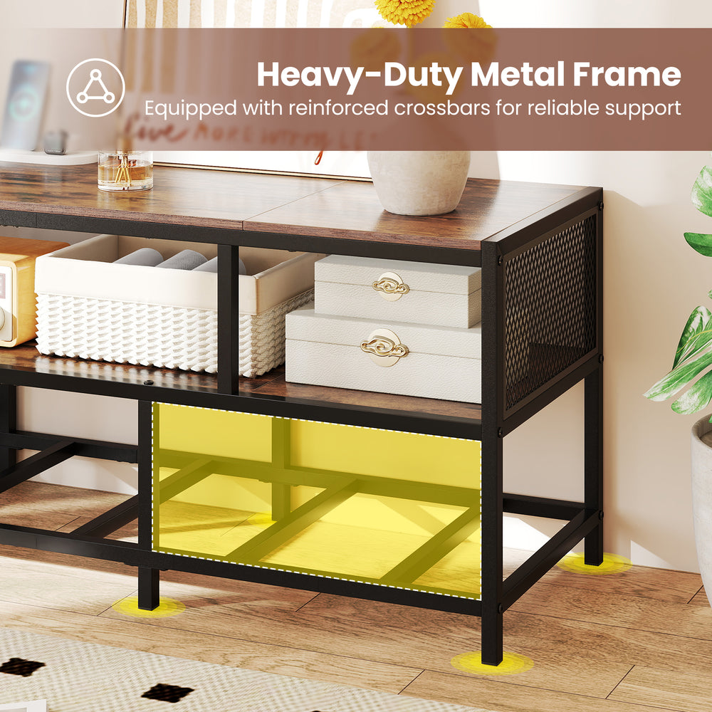 TV stand featuring a heavy-duty metal frame, rustic brown finish, and built-in power outlets for organized.
