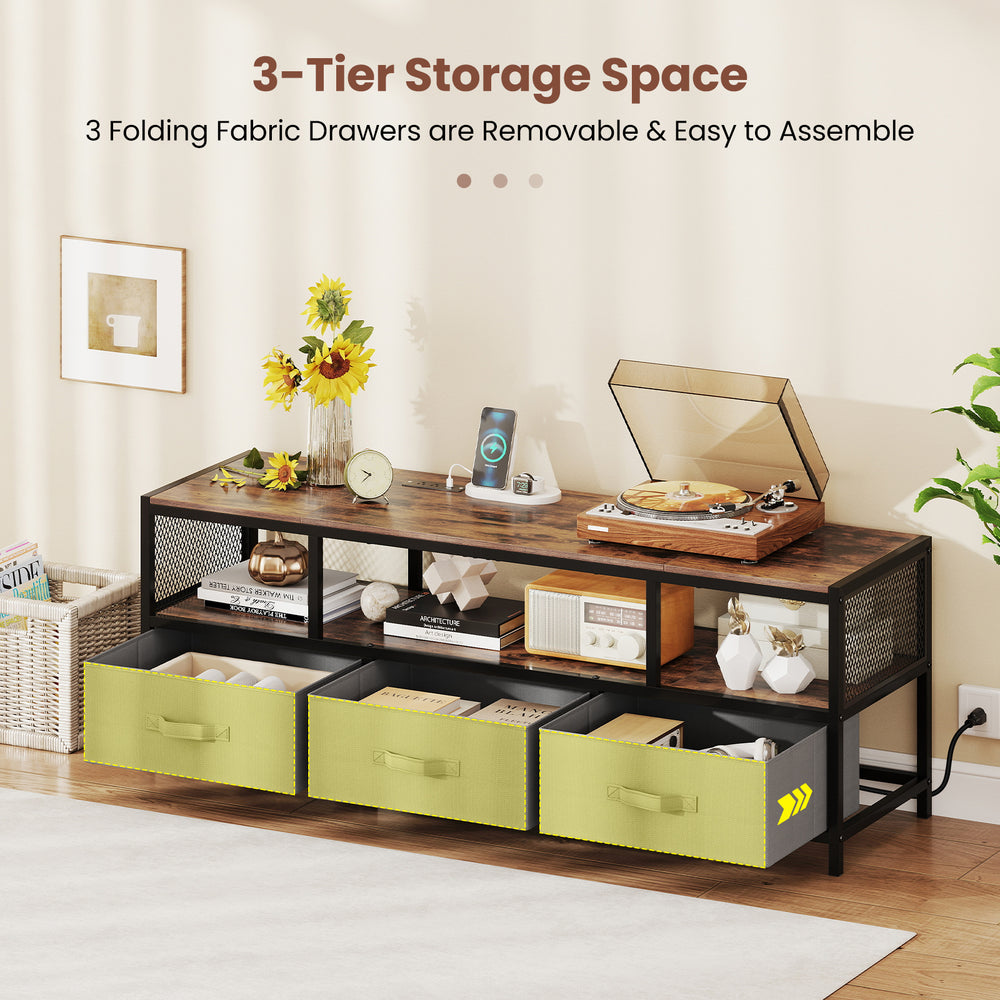 TV stand with rustic brown finish, featuring 3 removable fabric drawers and built-in power outlets for organized.