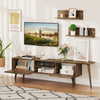Mid-century modern TV stand in walnut featuring two flip-over cabinets, providing ample storage and a stylish display.