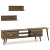 Mid-century modern TV stand in walnut with open compartments and wall-mounted shelves for TVs up to 85 inches.