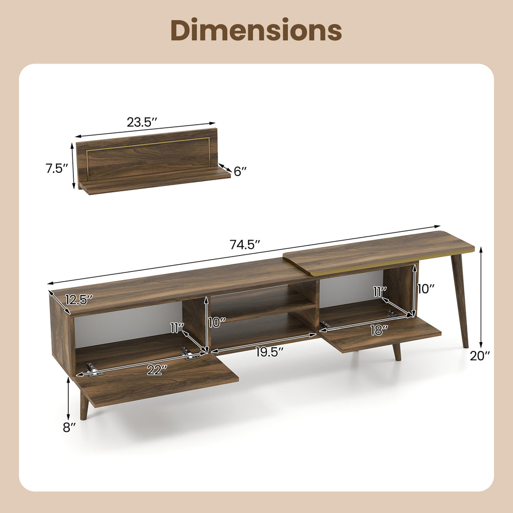 Mid-century modern TV stand dimensions with open compartments and wall-mounted shelves in walnut finish for TVs up to.