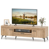 TV stand in oak finish with 2 cabinets and storage drawer, designed for 65-inch TVs, featuring sleek handles and cable.