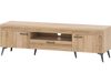 TV stand in oak finish with 2 cabinets and storage drawer, designed for TVs up to 65 inches, featuring sleek handles.