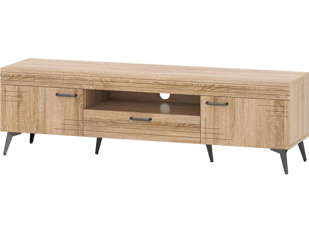 TV stand in oak finish with 2 cabinets and storage drawer, designed for TVs up to 65 inches, featuring sleek handles.