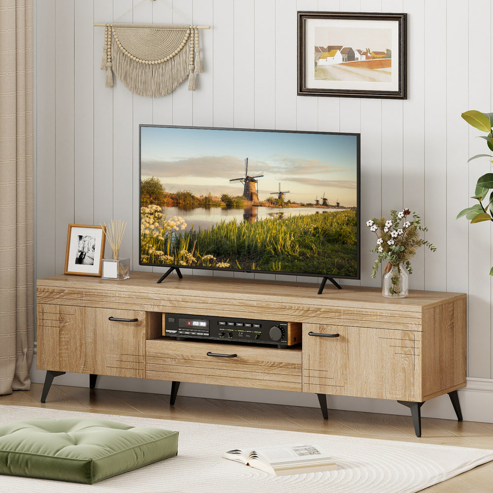 TV stand in oak finish with 2 cabinets and storage drawer, designed for 65-inch TVs, featuring cable management and.