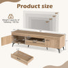 TV stand with dimensions for 65-inch TVs, featuring oak finish, storage drawer, and ample media device space.