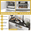 TV stand featuring a spacious tabletop, 2 large cabinets, and open shelves for organized media storage and display.