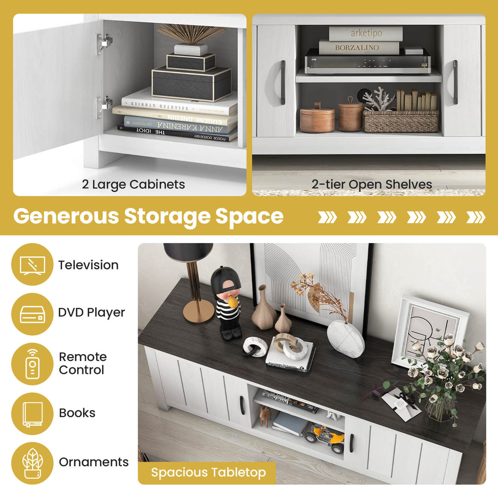 TV stand featuring a spacious tabletop, 2 large cabinets, and open shelves for organized media storage and display.