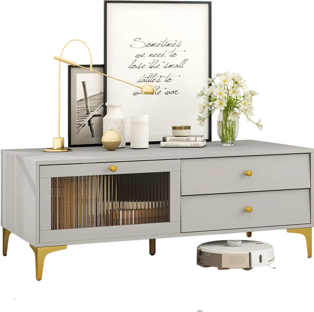 Gray TV stand with compartment and drawers, designed for 55-inch TVs, featuring elegant tempered glass and metal legs.