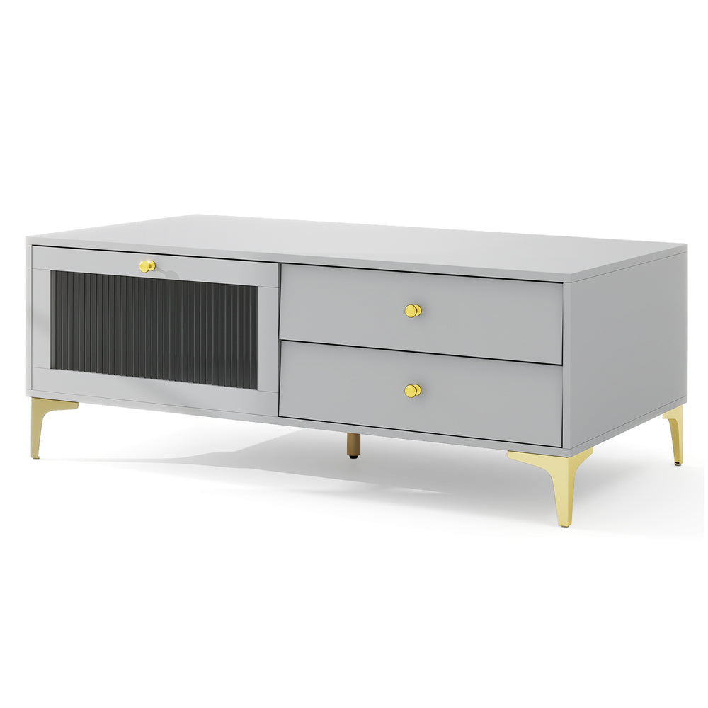 Gray TV stand with compartment and drawers, designed for 55-inch TVs, featuring elegant glass and sturdy metal legs.