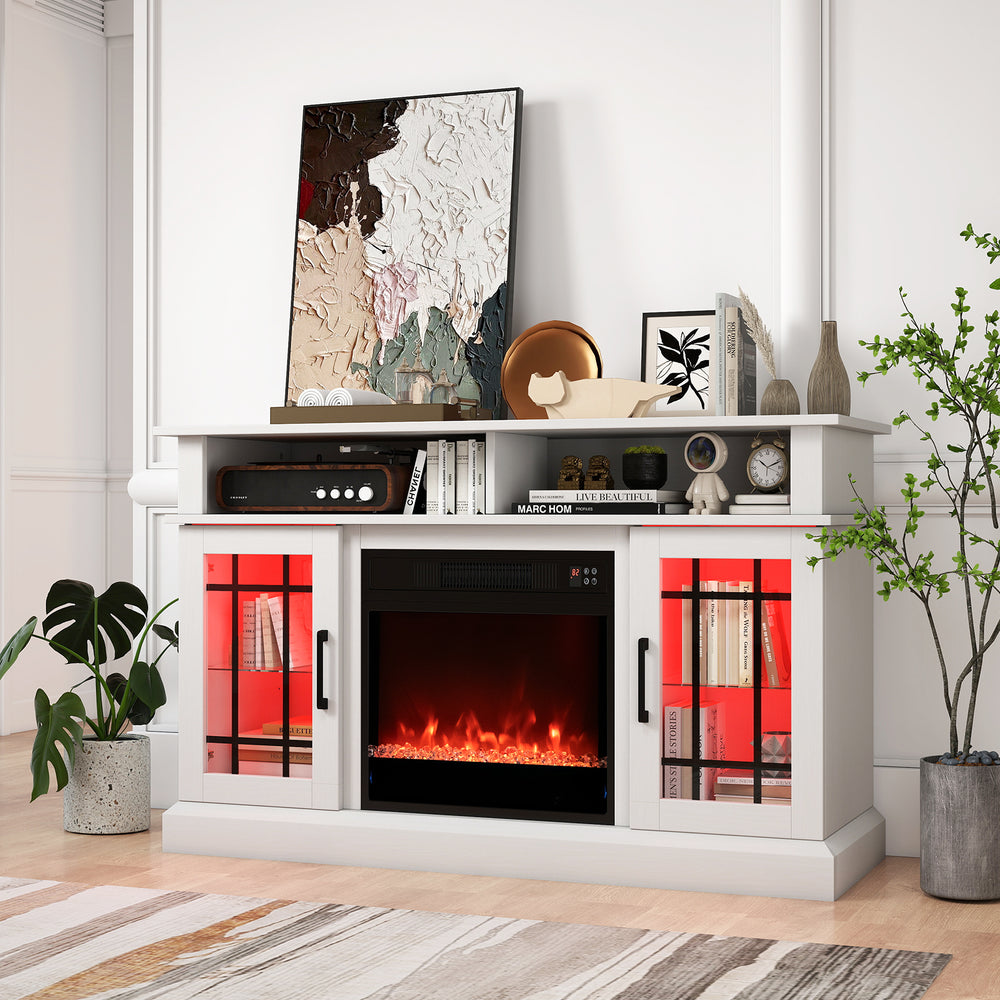 TV stand with electric fireplace, RGB LED lights, and remote control, designed for TVs up to 40 inches in white finish.