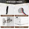 Close-up of cable management holes and soft close hinges on a white TV stand with electric fireplace features.