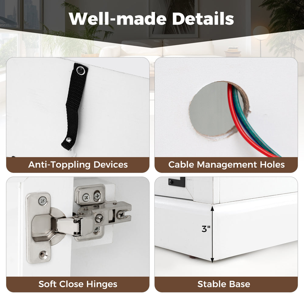 Close-up of cable management holes and soft close hinges on a white TV stand with electric fireplace features.