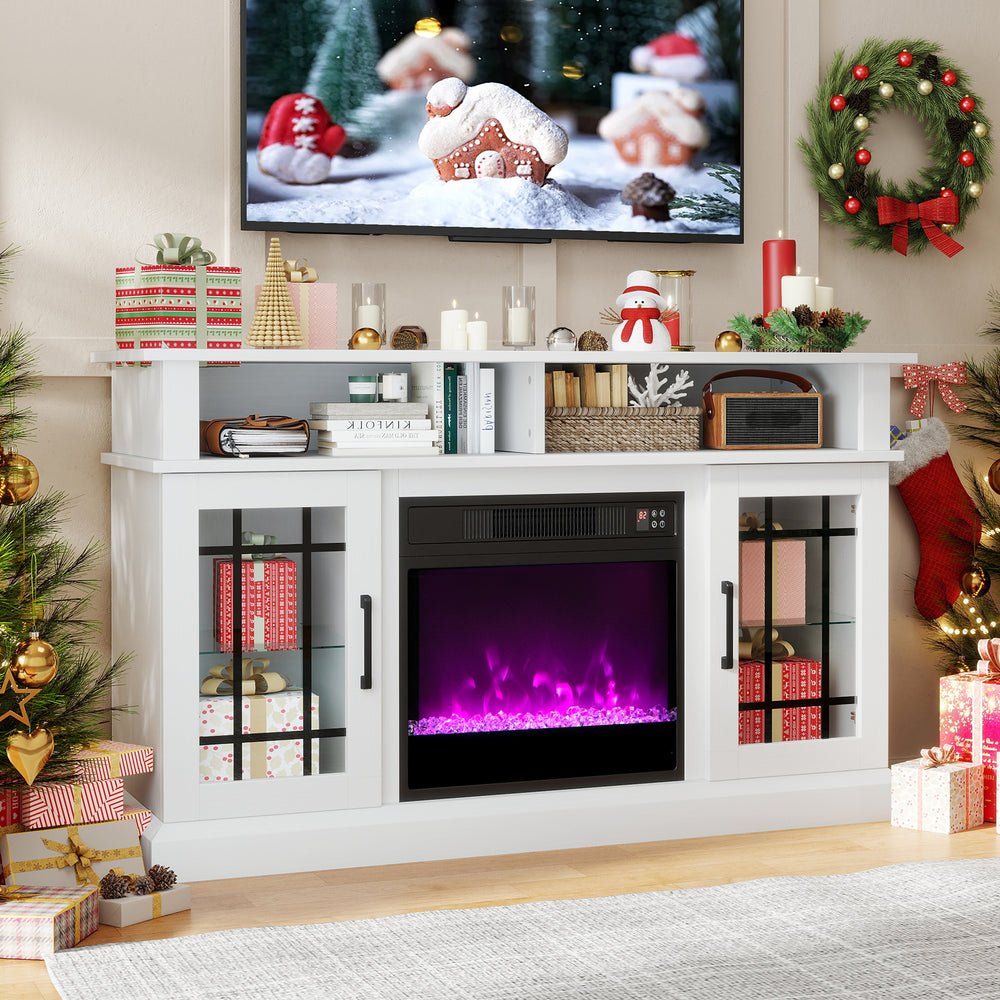 TV stand with electric fireplace and RGB LED lights, designed for TVs up to 40 inches, perfect for living room decor.
