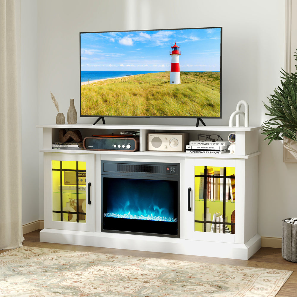TV stand with electric fireplace, RGB LED lights, and remote control, designed for TVs up to 40 inches, perfect for.