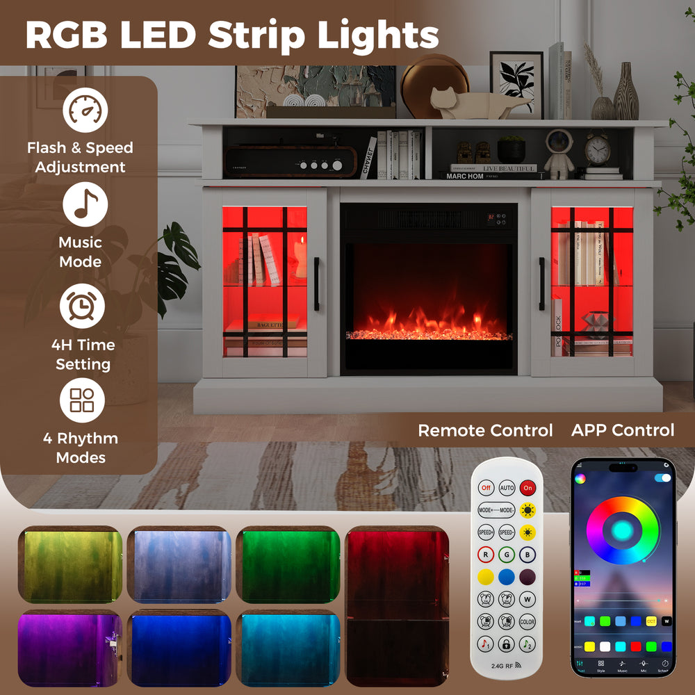 TV stand with electric fireplace and RGB LED strip lights, remote control, for TVs up to 40 inches, ideal for living.