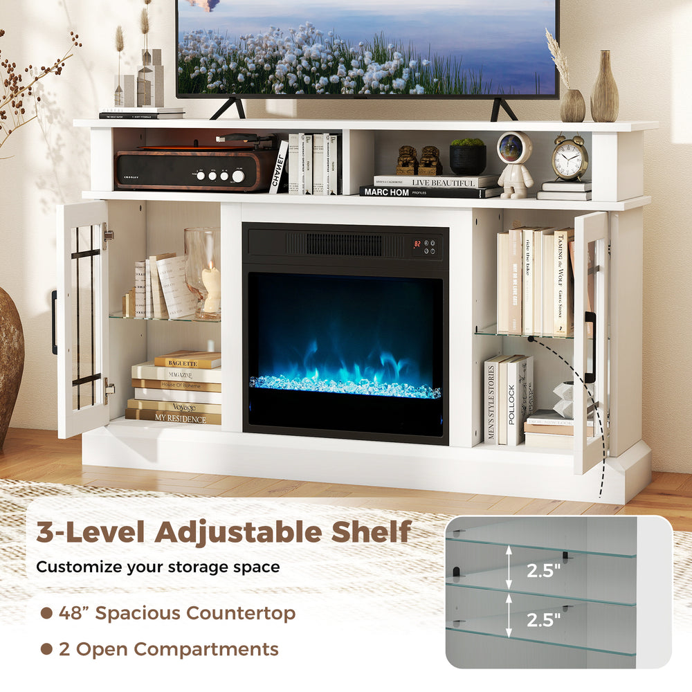 TV stand with electric fireplace, 48" countertop, RGB LED lights, and 2 open compartments for TVs up to 40 inches.