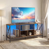 TV stand with LED lights in brown, showcasing a heavy-duty X-shaped metal frame and five open compartments for storage.