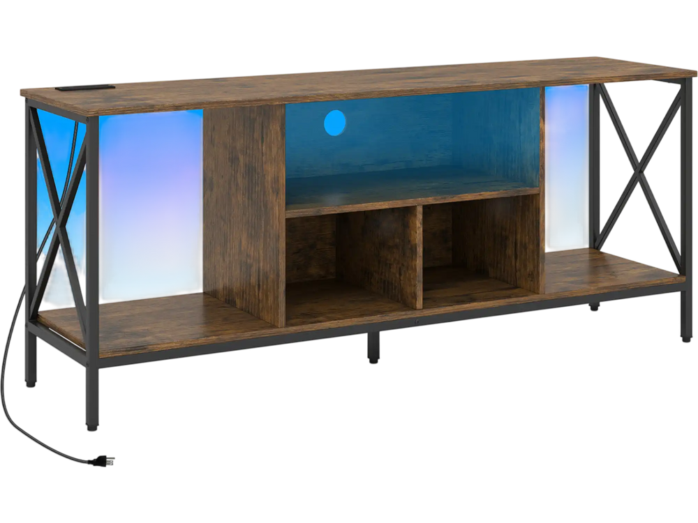 TV stand with LED lights for 65-inch TVs, featuring a brown finish, open compartments, and a sturdy metal frame.