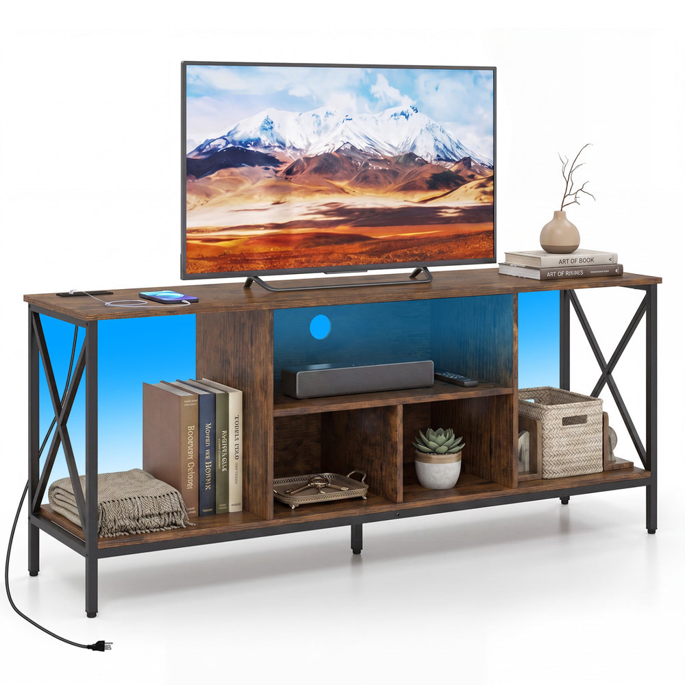 TV stand with LED lights for 65-inch TV, featuring a brown finish, open compartments, and a sturdy metal frame.
