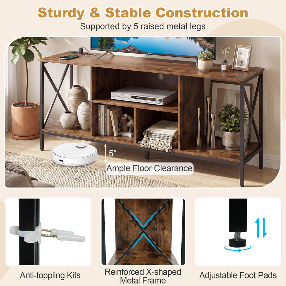 TV stand with LED lights, brown finish, featuring a spacious tabletop for 65" TVs and adjustable foot pads for.