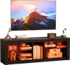 Modern TV stand in brown with LED light, adjustable shelves, and open compartment for TVs up to 65 inches.