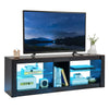 Modern TV stand in brown with LED light, adjustable shelves, and cable management for TVs up to 65 inches.
