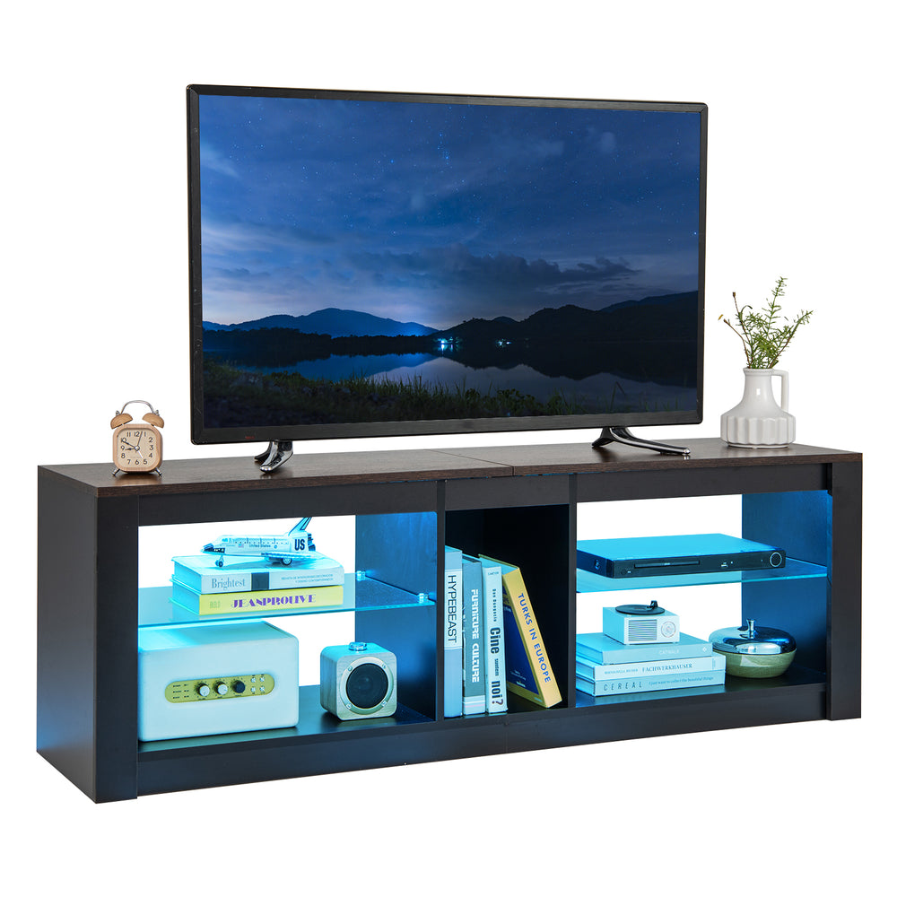 Modern TV stand in brown with LED light, adjustable shelves, and cable management for TVs up to 65 inches.