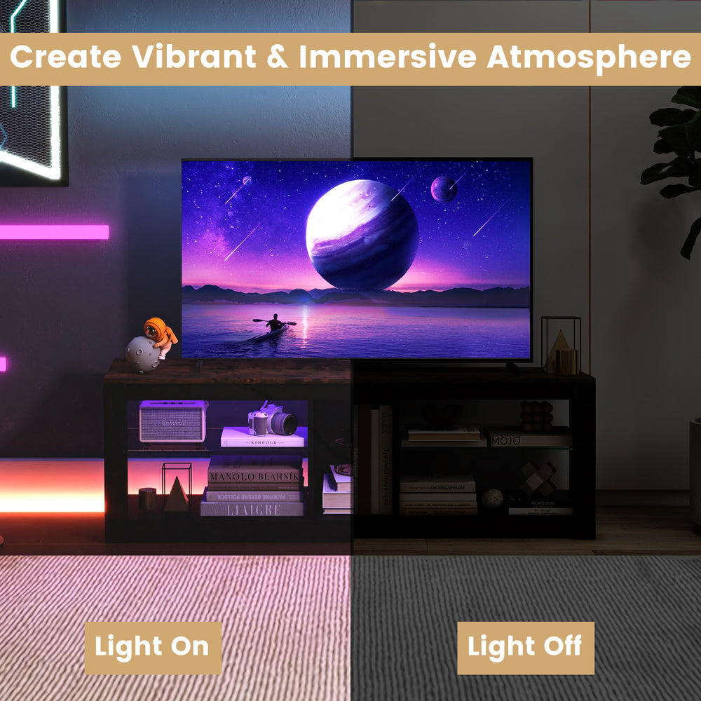 Modern TV stand with LED light, showcasing vibrant atmosphere and adjustable shelves for TVs up to 65 inches.