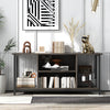 3-Tier TV stand in gray with adjustable shelf, power outlet, and open storage for media supplies and audio speakers.