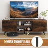 Rustic brown TV stand with 5 metal support legs, adjustable shelf, and power outlets for 60-inch TVs in a living room.