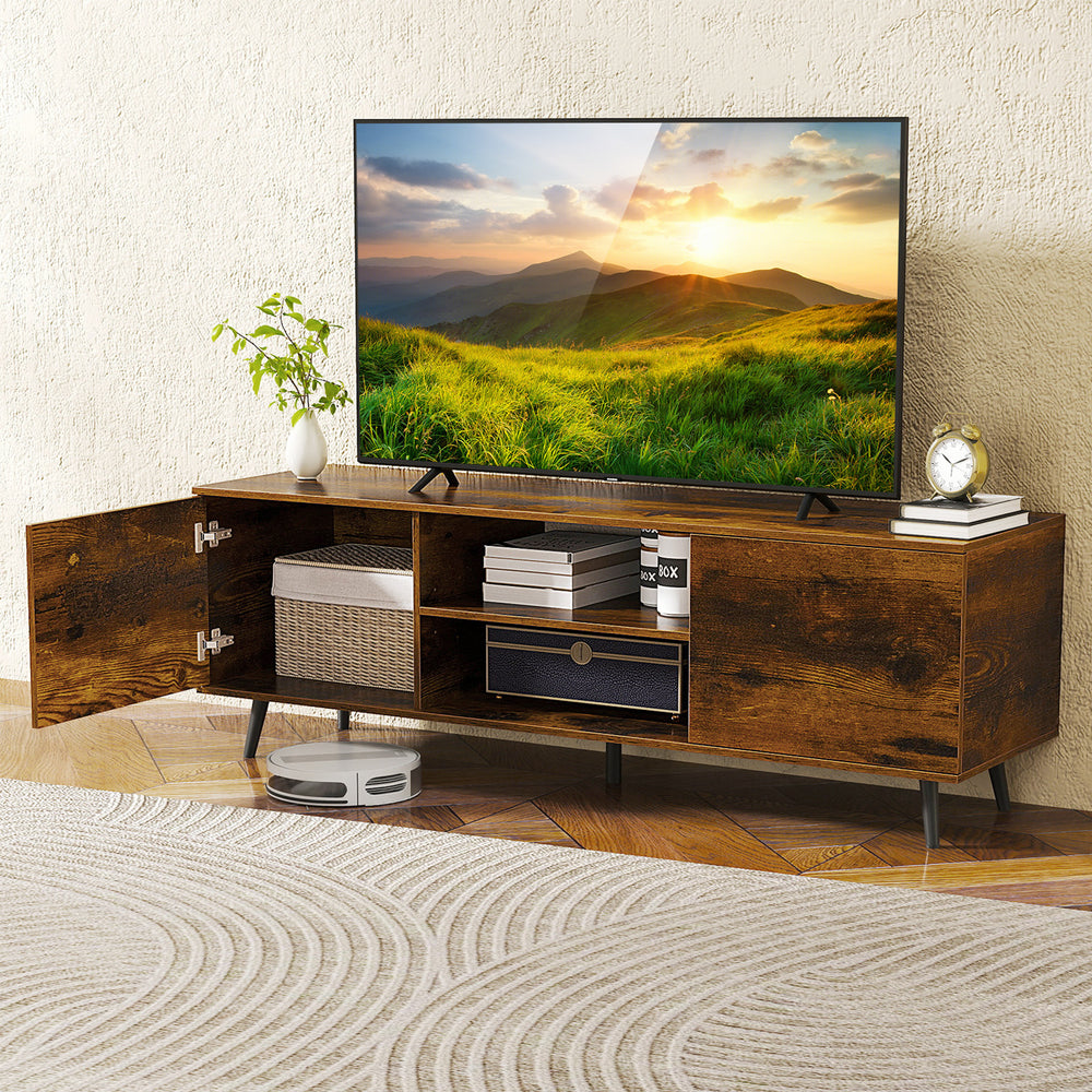 Rustic brown TV stand with power outlets, adjustable shelf, and two cabinets, designed for 60-inch TVs and organized.