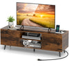 Rustic brown TV stand with power outlets, adjustable shelf, and storage for TVs up to 60 inches, ideal for media.
