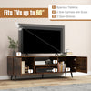 Rustic brown TV stand with spacious tabletop, 2 cabinets, 2 open shelves, and power outlets for TVs up to 60 inches.