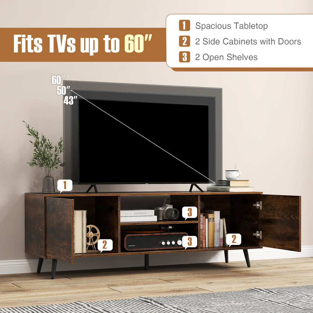 Rustic brown TV stand with spacious tabletop, 2 cabinets, 2 open shelves, and power outlets for TVs up to 60 inches.