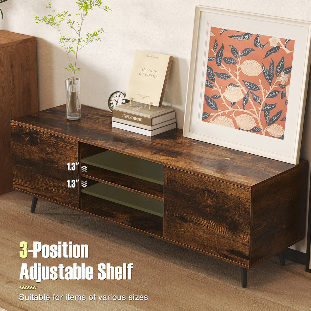 TV stand in rustic brown with adjustable shelf, 2 cabinets, and power outlets, perfect for 60-inch TVs and media.