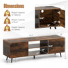 Rustic brown TV stand with adjustable shelf, power outlets, and two cabinets, designed for 60-inch TVs.