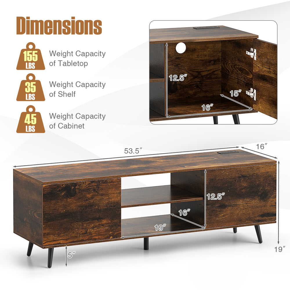 Rustic brown TV stand with adjustable shelf, power outlets, and two cabinets, designed for 60-inch TVs.
