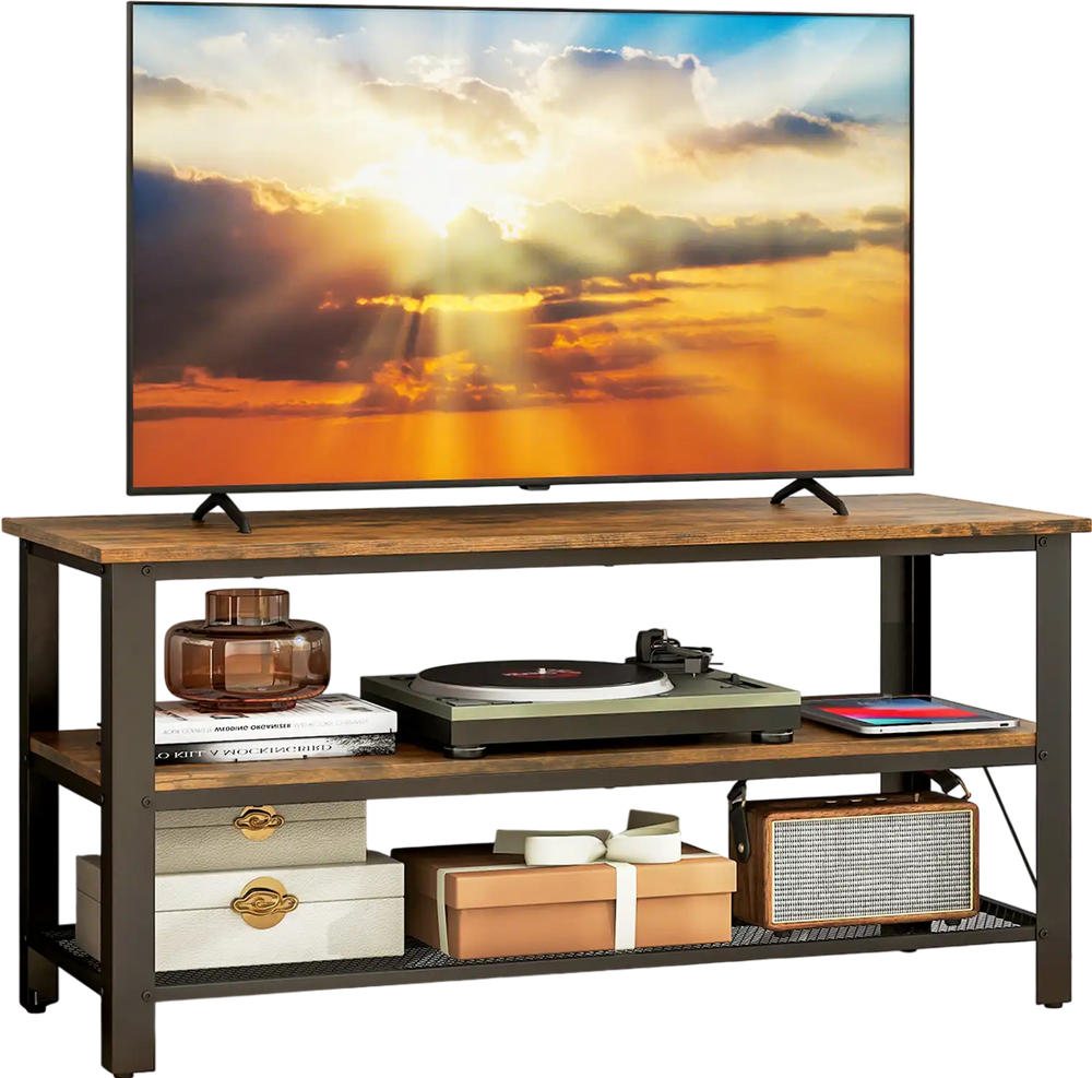 Industrial TV stand in rustic brown with power outlets, holding a TV and record player, ideal for living room use.